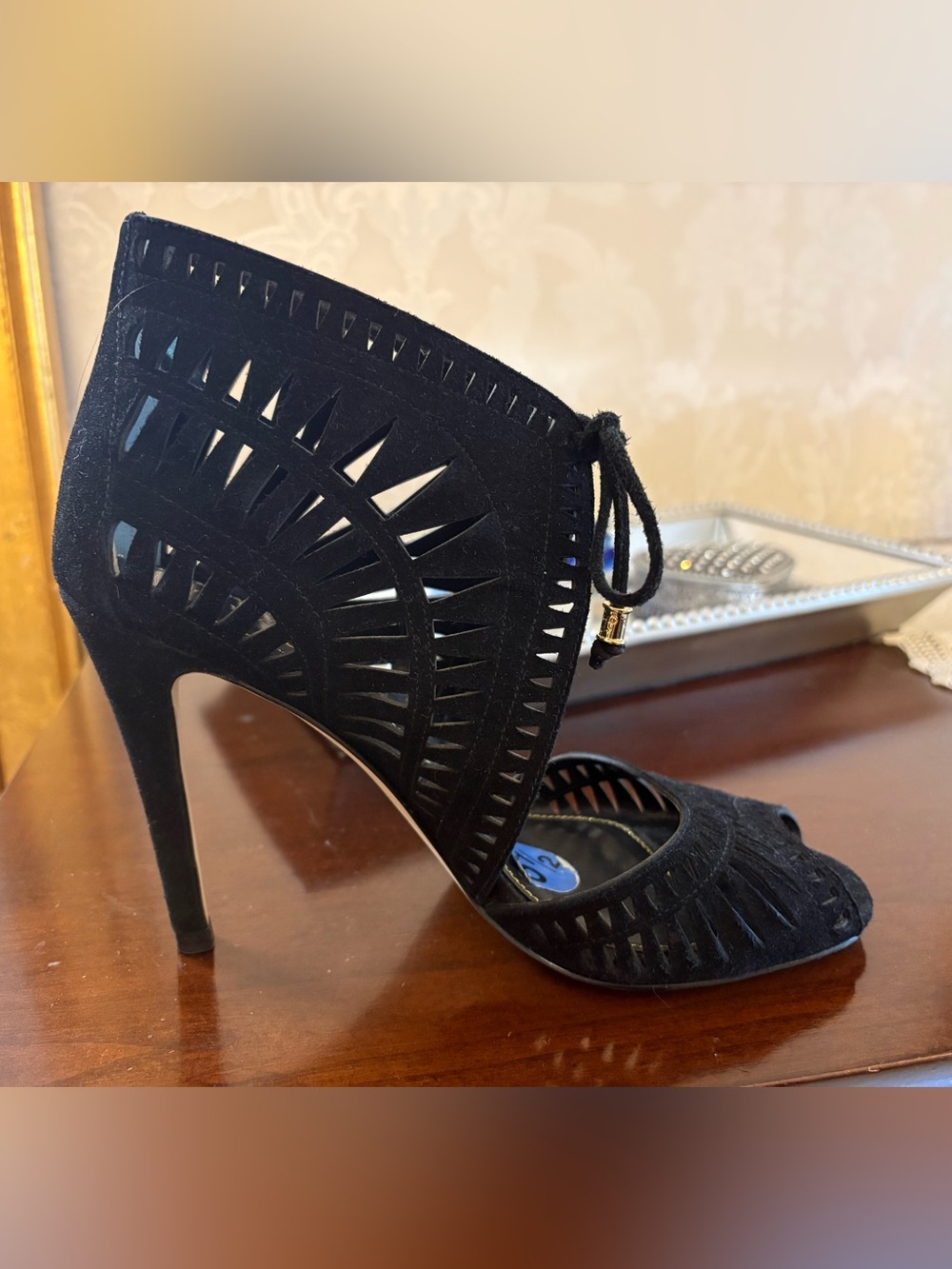 Ivanka Trump Black Laser-Cut Suede High Heel Sandal